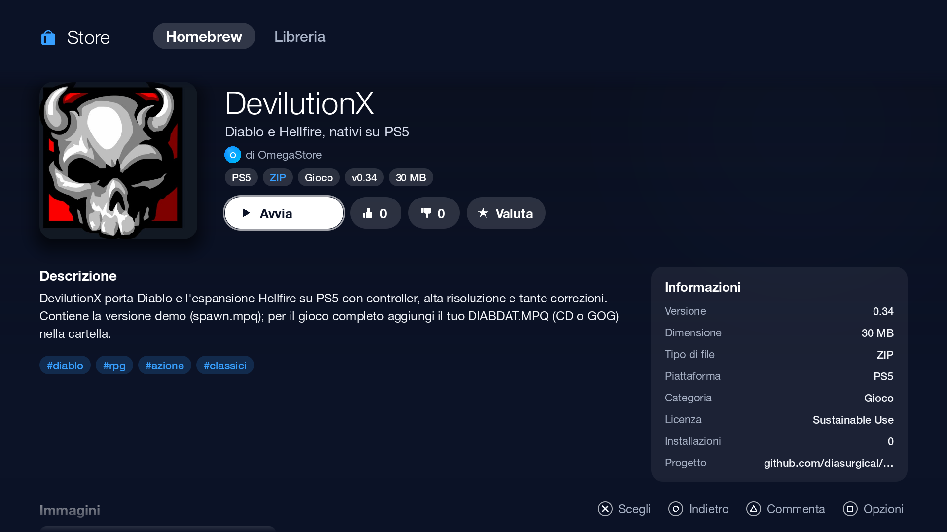 La ficha de un homebrew en la Store, con valoraciones y el botón Instalar